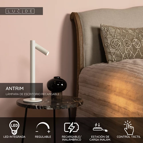 Lucide ANTRIM - Lámpara de escritorio Recargable Dentro/Fuera - Batería/acumulador - LED Regul. - 1x2,2W 2700K - IP54 - Con estación de carga inalámbrica - Blanco - USP
